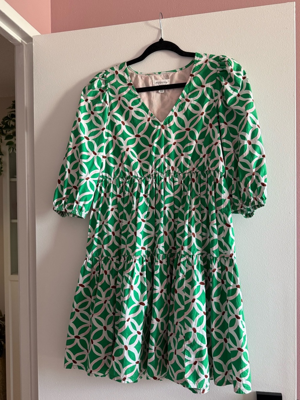 100% Cotton Green Tiered Puff Sleeve Midi Dress
